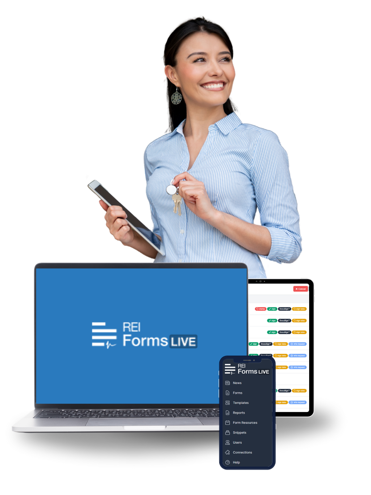 real estate agent and devices with rei forms live logo on the screens